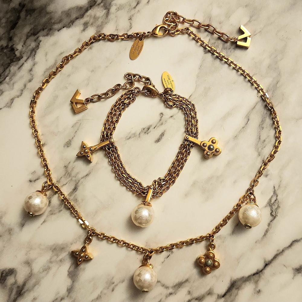Louis Vuitton Gold and Pearl Charm Necklace & Bracelet Set